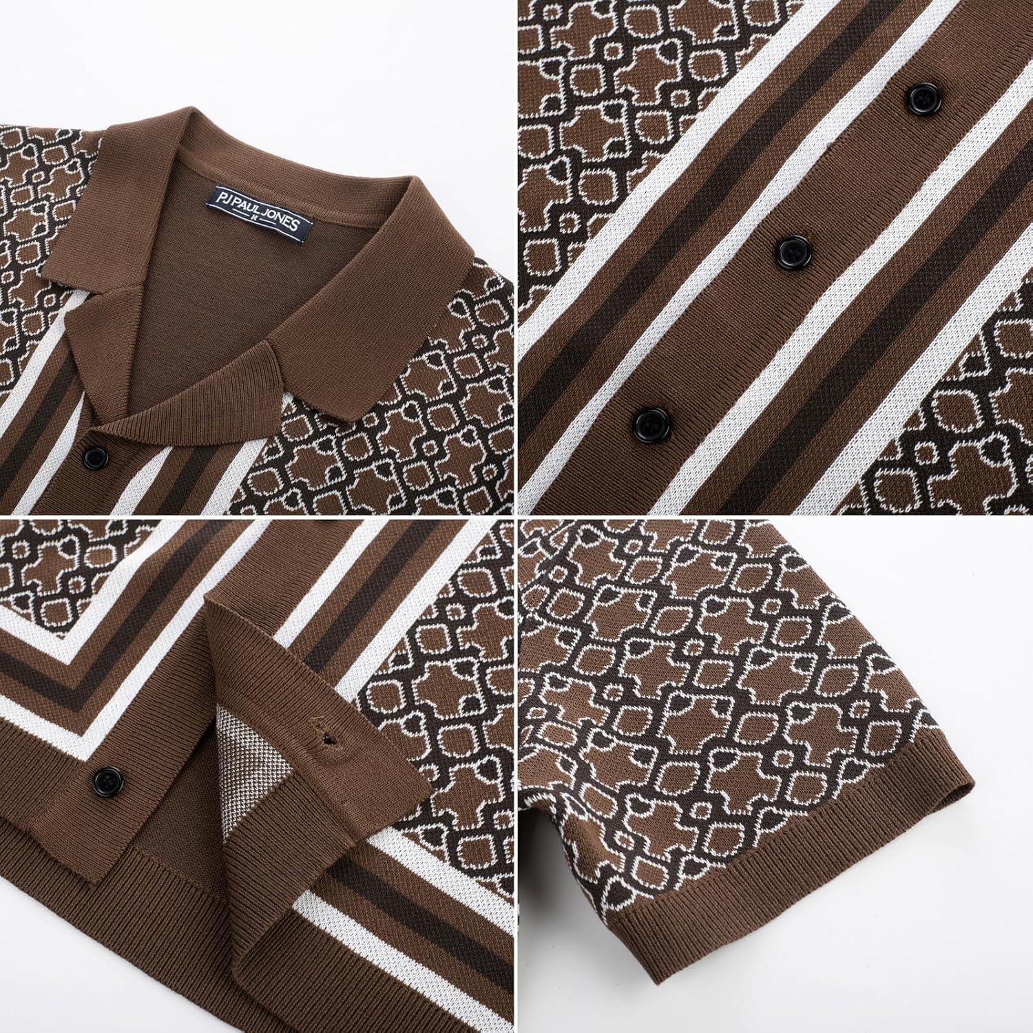 imagePJ PAUL JONES Mens Vintage Button Down Cuban Collar Knitted Polo ShirtCoffee