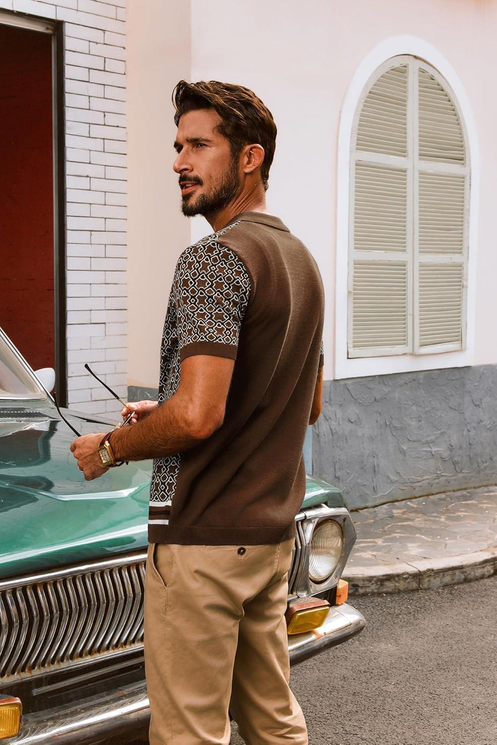 imagePJ PAUL JONES Mens Vintage Button Down Cuban Collar Knitted Polo ShirtCoffee