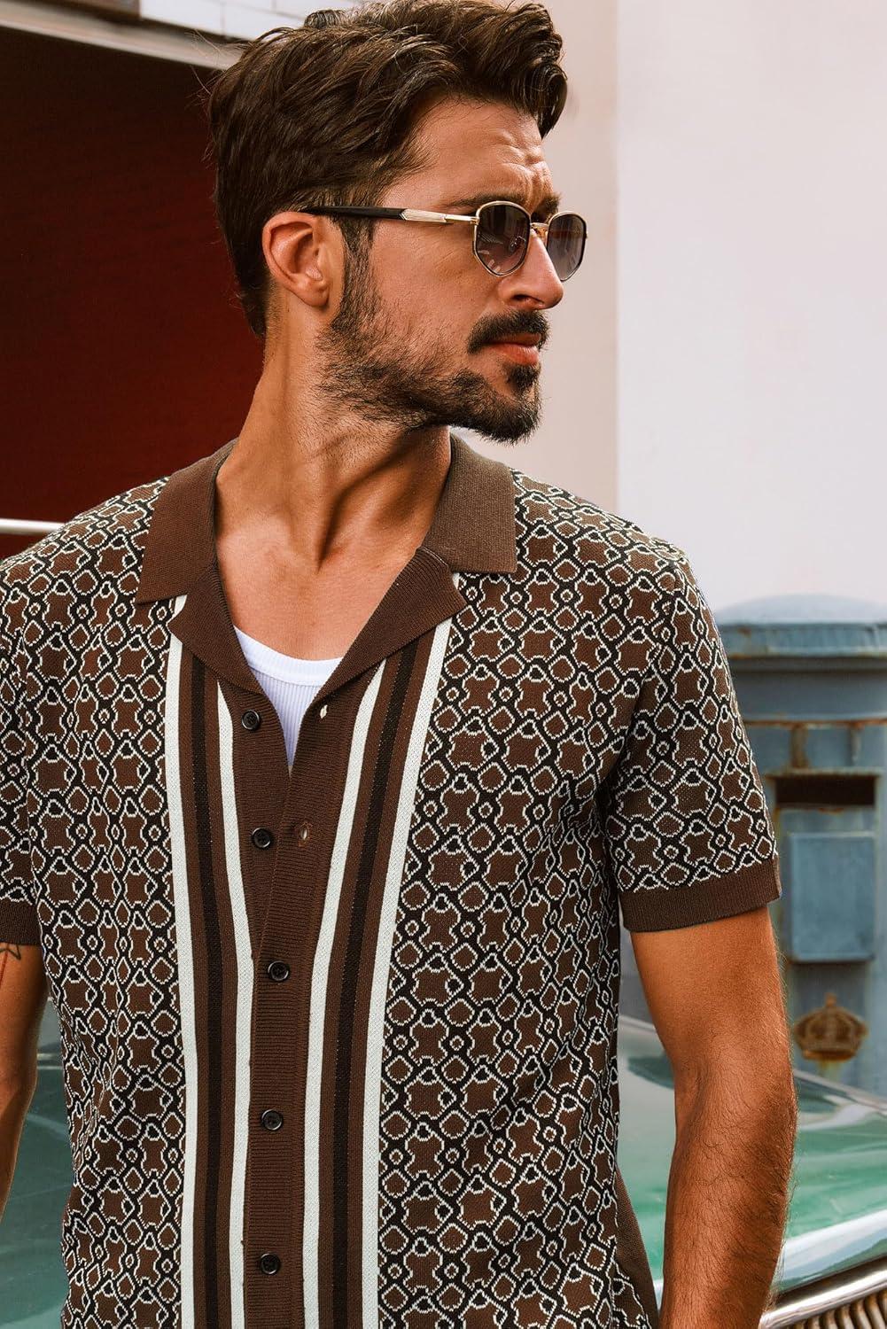 imagePJ PAUL JONES Mens Vintage Button Down Cuban Collar Knitted Polo ShirtCoffee