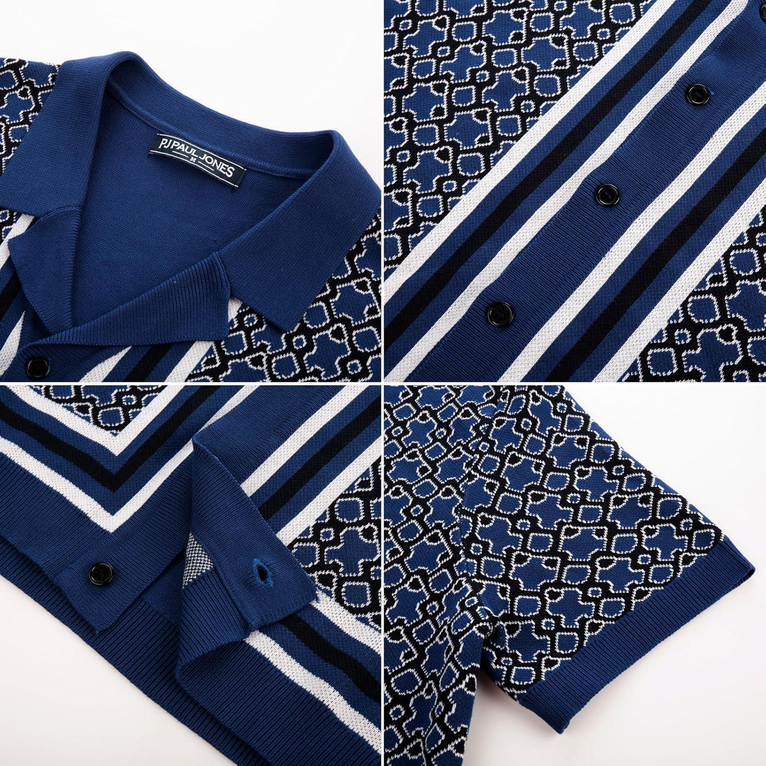 imagePJ PAUL JONES Mens Vintage Button Down Cuban Collar Knitted Polo ShirtDark Blue