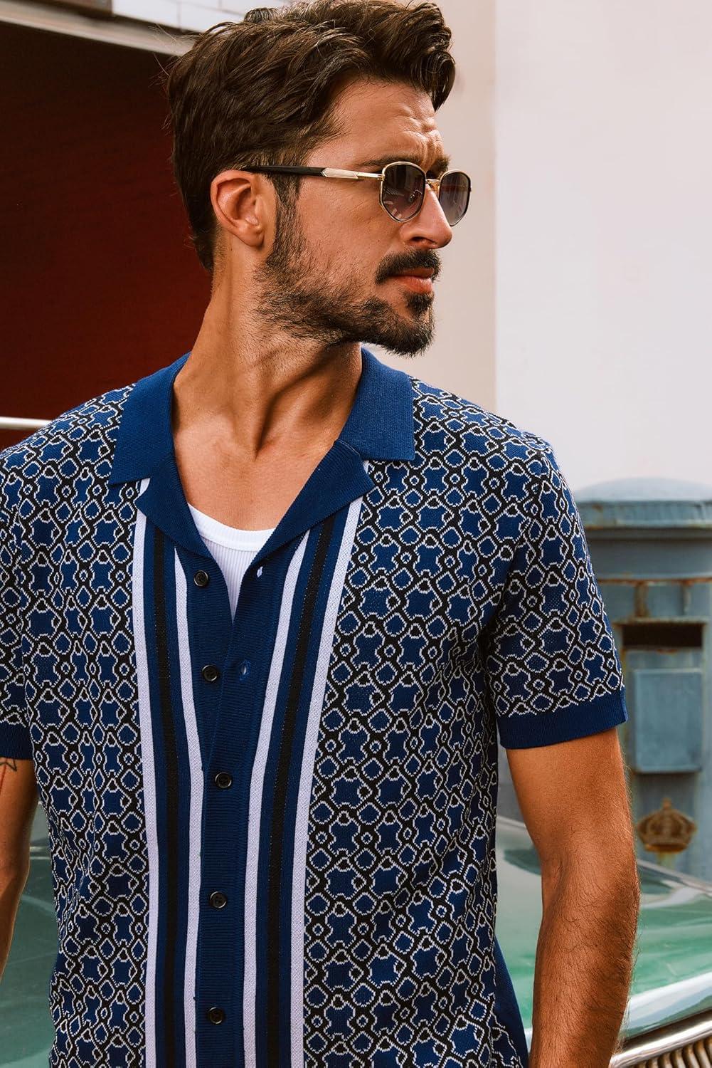 imagePJ PAUL JONES Mens Vintage Button Down Cuban Collar Knitted Polo ShirtDark Blue