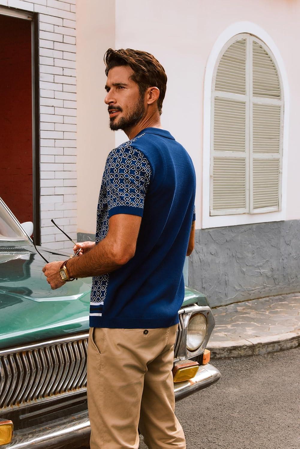 imagePJ PAUL JONES Mens Vintage Button Down Cuban Collar Knitted Polo ShirtDark Blue