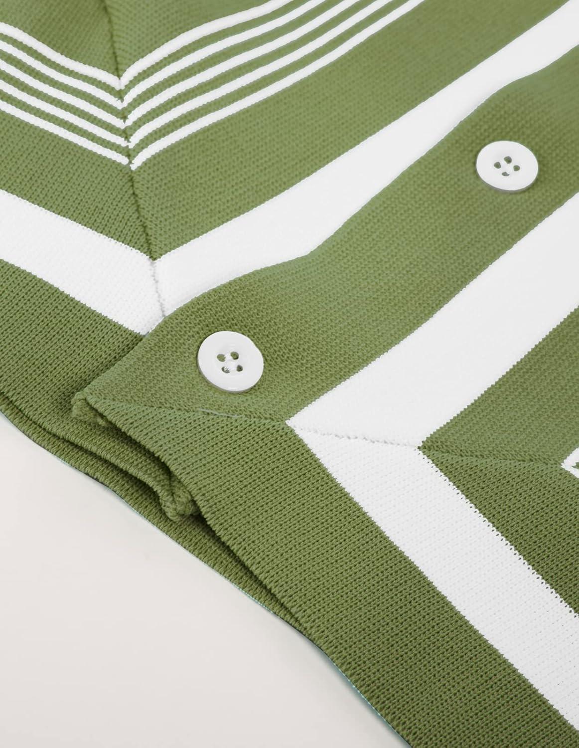 imagePJ PAUL JONES Mens Vintage Stripe Knit Polo Shirts Short Sleeve Stylish Button Down Cardigan SweaterMatcha