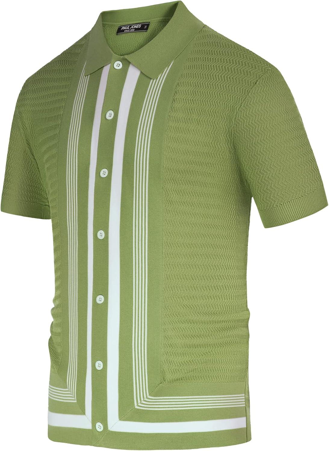 imagePJ PAUL JONES Mens Vintage Stripe Knit Polo Shirts Short Sleeve Stylish Button Down Cardigan SweaterMatcha
