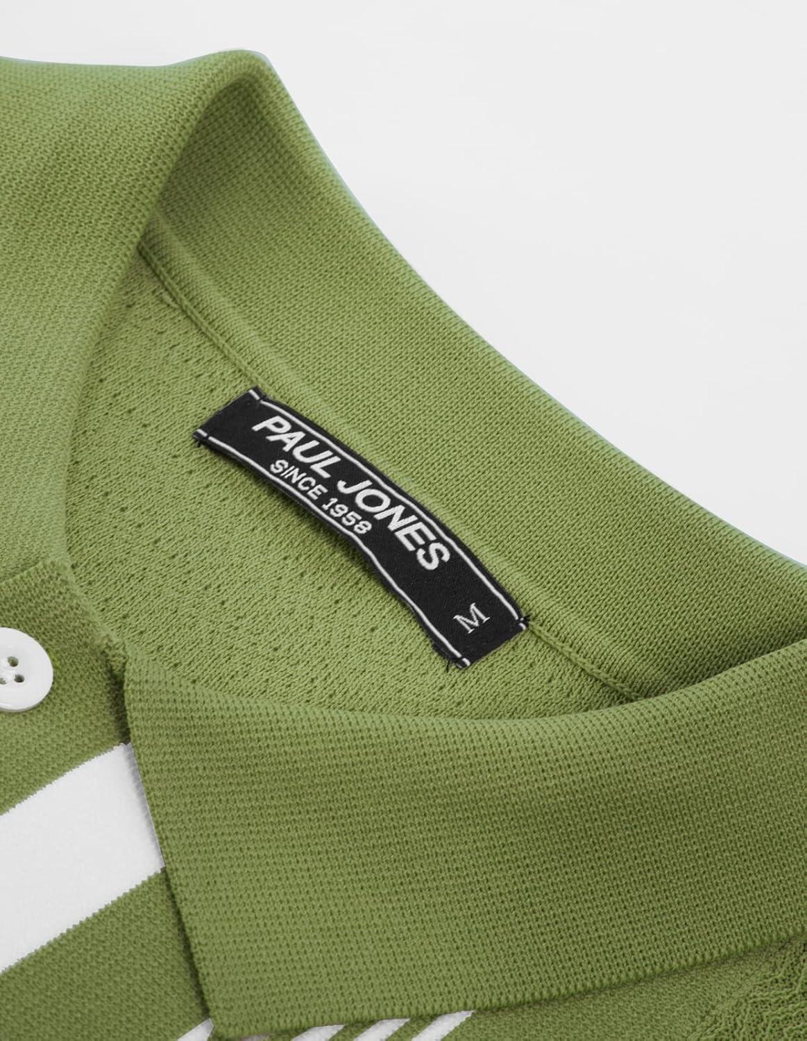 imagePJ PAUL JONES Mens Vintage Stripe Knit Polo Shirts Short Sleeve Stylish Button Down Cardigan SweaterMatcha
