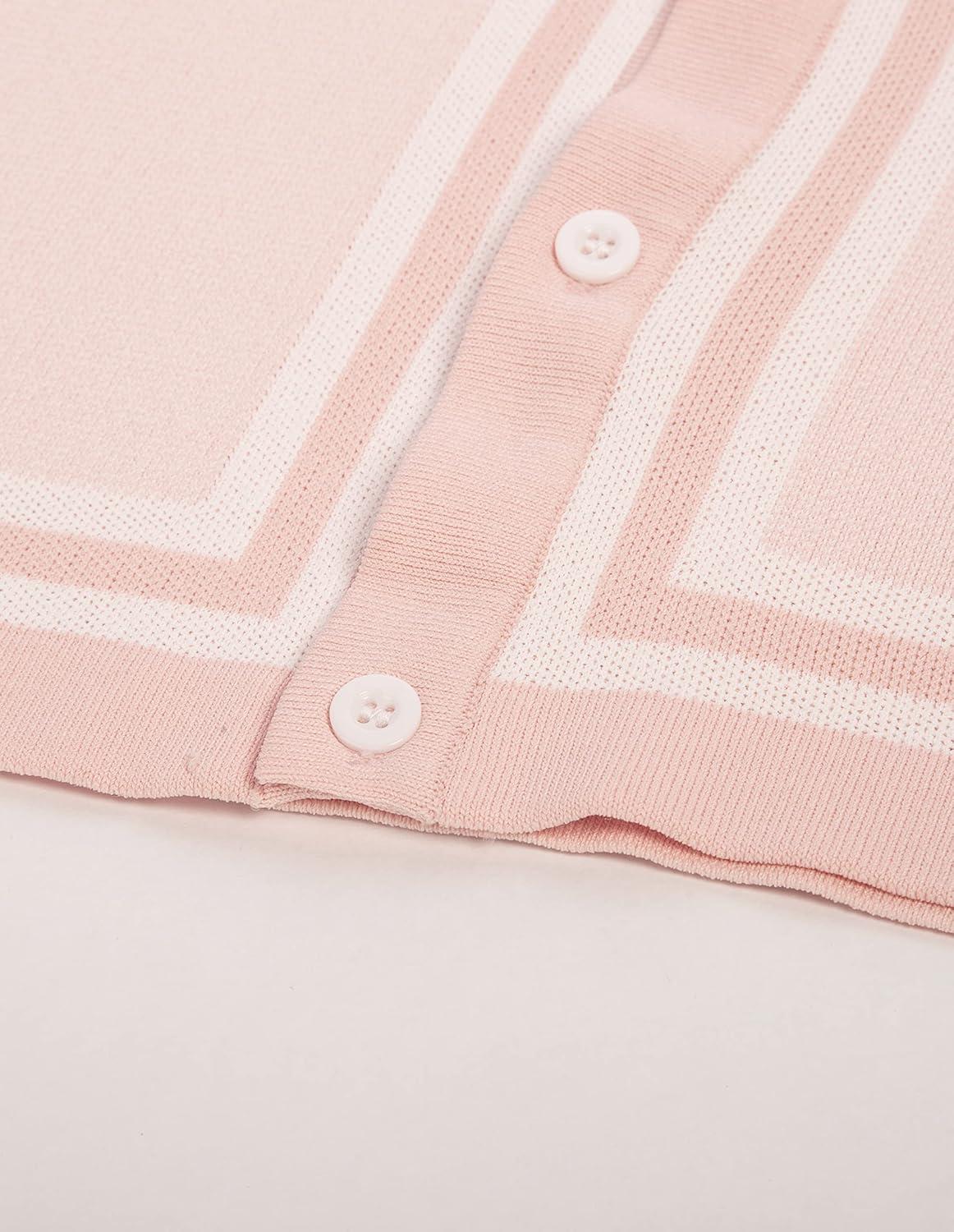 imagePJ PAUL JONES Mens Vintage Stripe Knit Polo Shirts Short Sleeve Stylish Button Down Cardigan SweaterPink