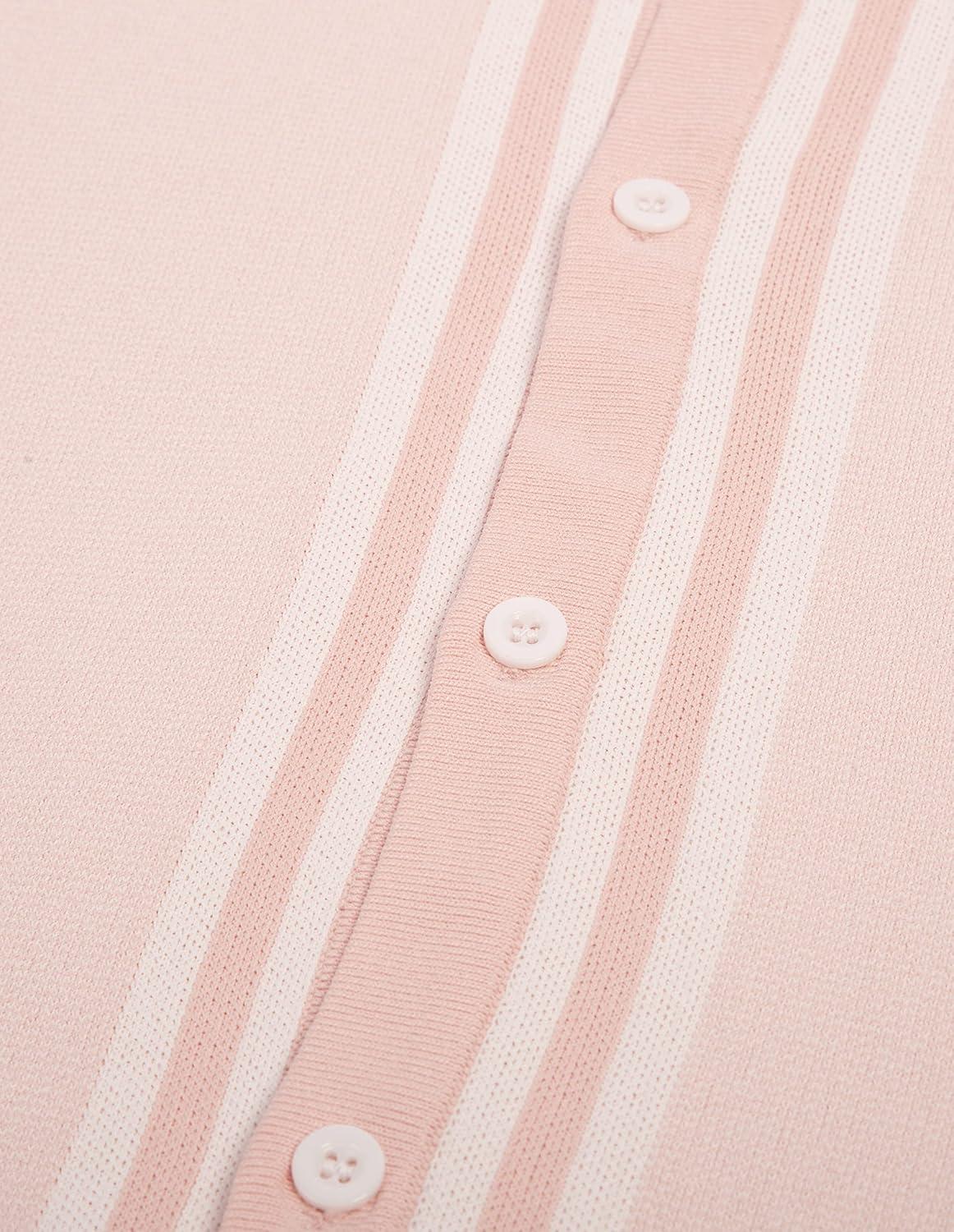 imagePJ PAUL JONES Mens Vintage Stripe Knit Polo Shirts Short Sleeve Stylish Button Down Cardigan SweaterPink