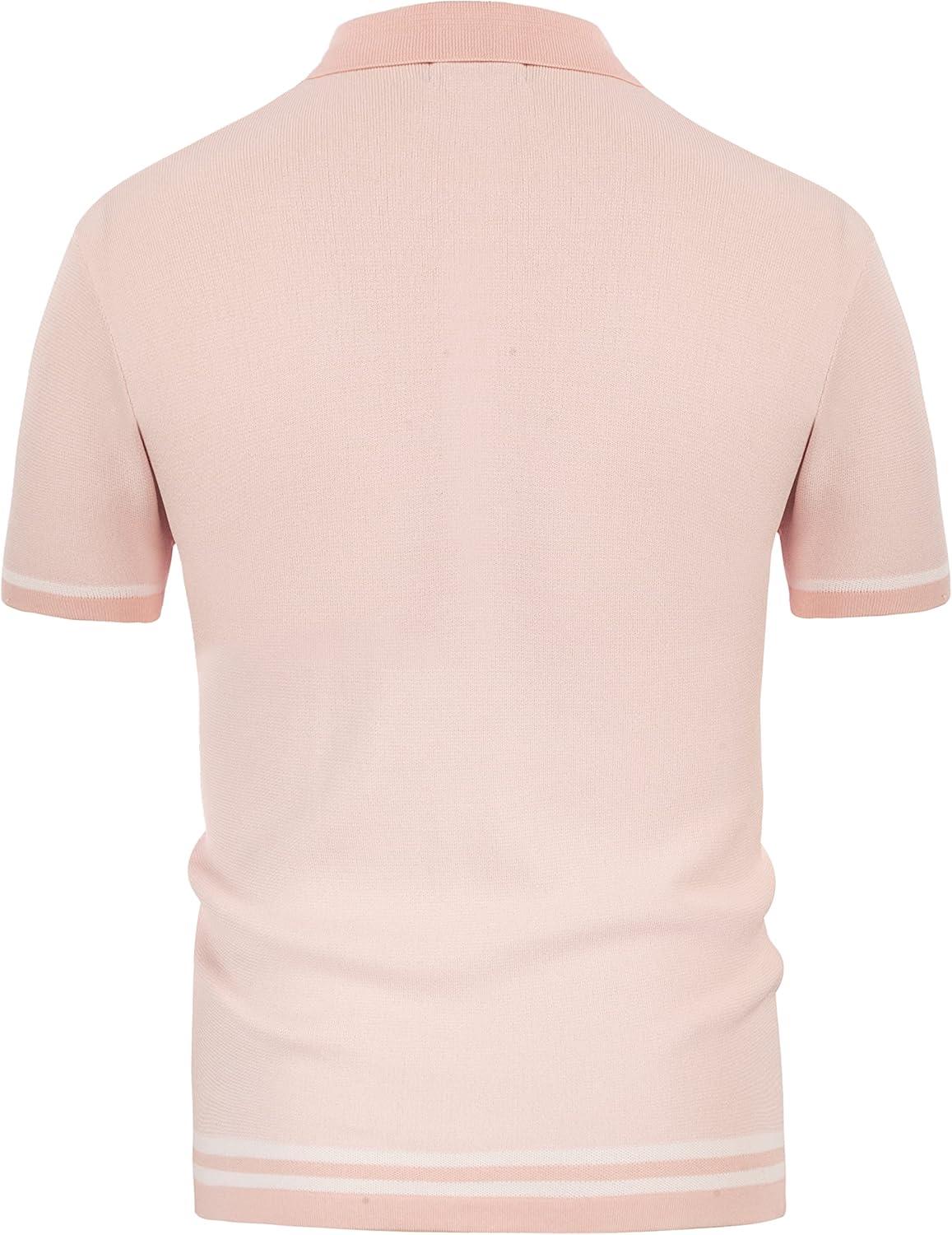 imagePJ PAUL JONES Mens Vintage Stripe Knit Polo Shirts Short Sleeve Stylish Button Down Cardigan SweaterPink