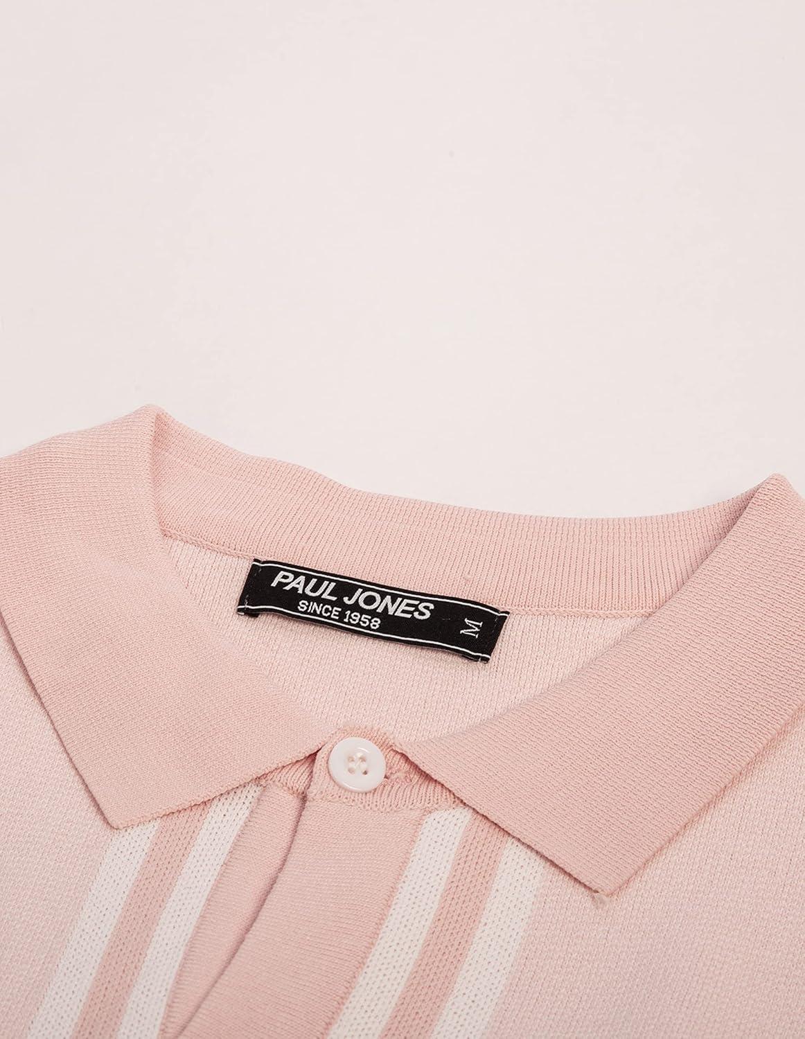imagePJ PAUL JONES Mens Vintage Stripe Knit Polo Shirts Short Sleeve Stylish Button Down Cardigan SweaterPink