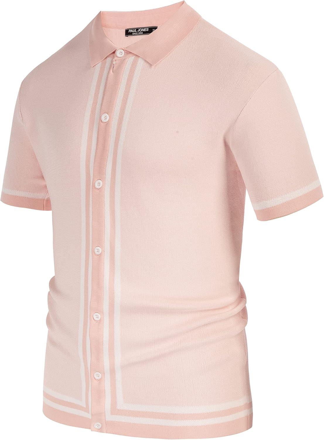 imagePJ PAUL JONES Mens Vintage Stripe Knit Polo Shirts Short Sleeve Stylish Button Down Cardigan SweaterPink