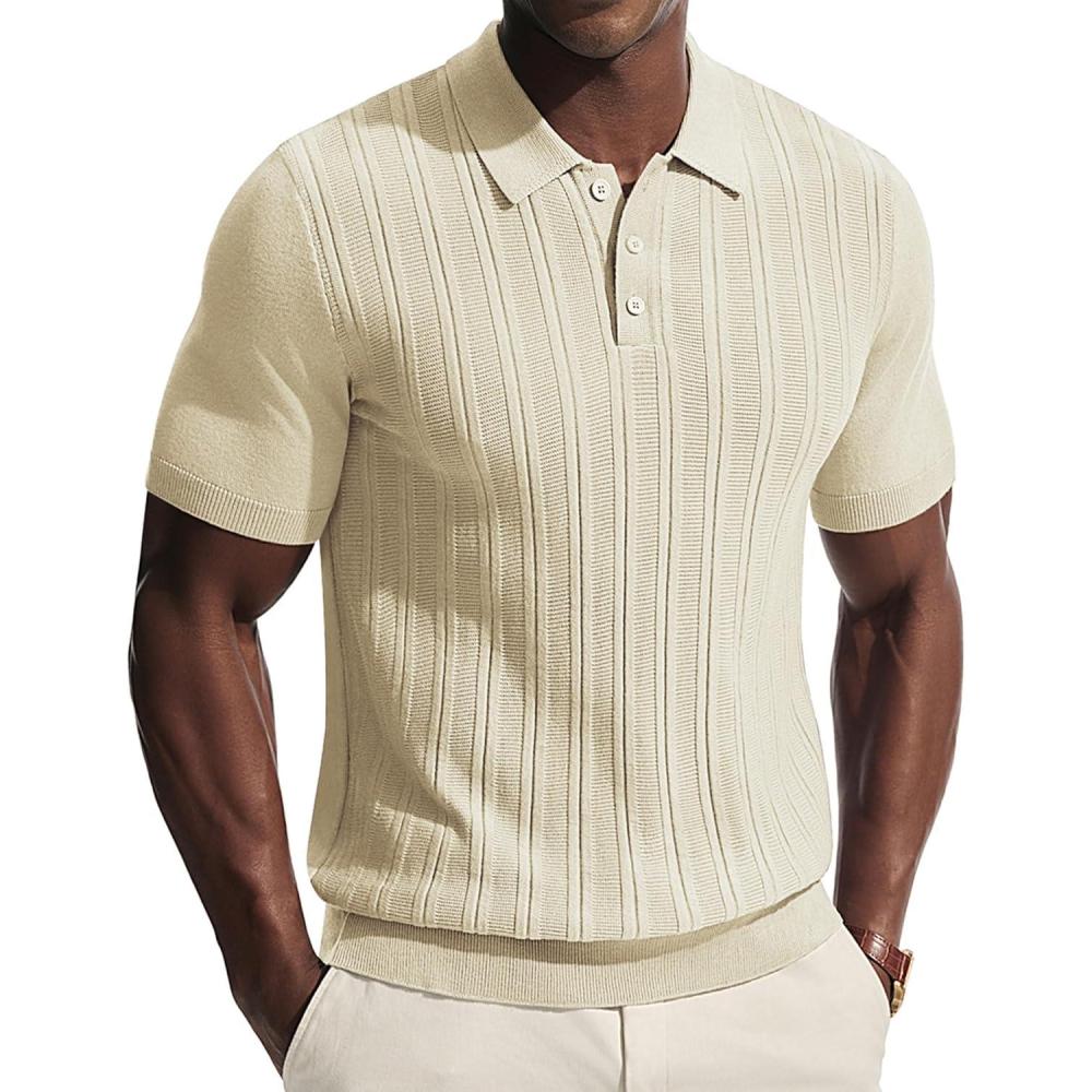 imagePJ APUL Jones Mens Knit Polo Shirts Short Sleeve Stretch Texture Knitted Polo Shirts Casual Lightweight Golf ShirtBeige