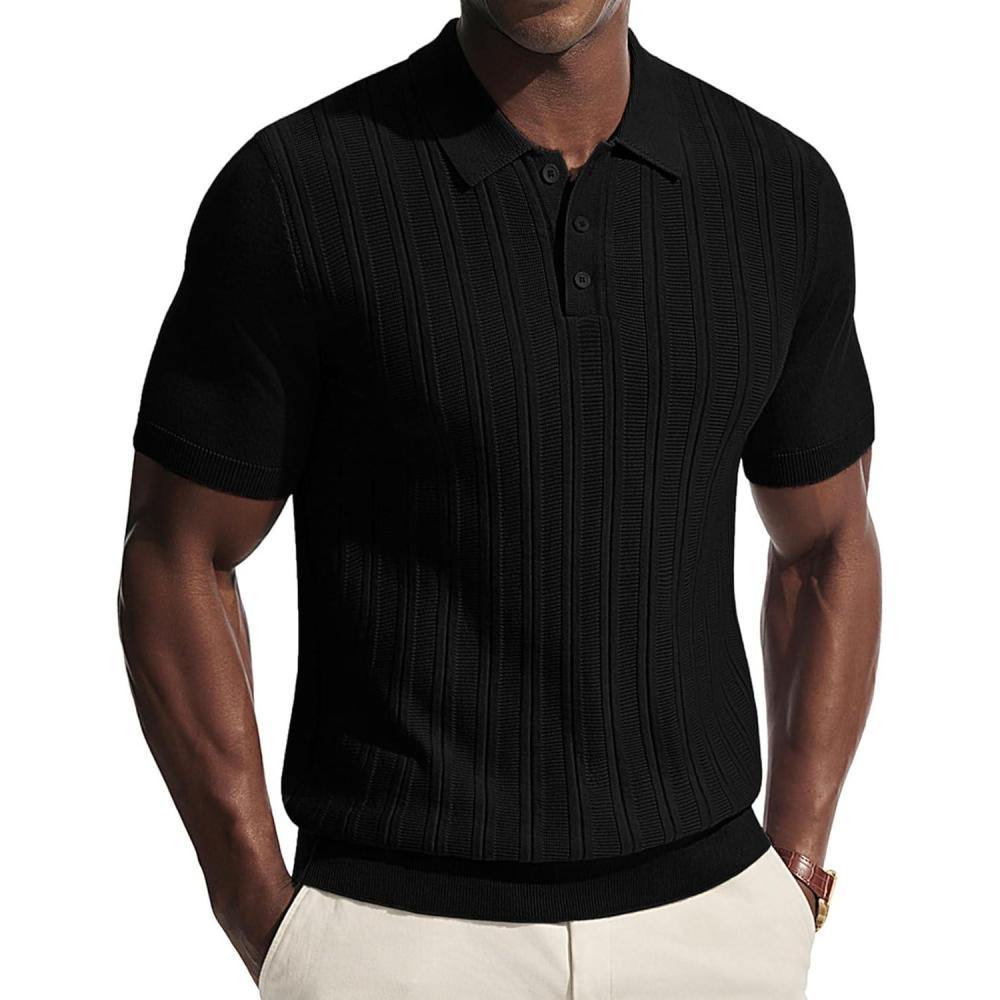 imagePJ APUL Jones Mens Knit Polo Shirts Short Sleeve Stretch Texture Knitted Polo Shirts Casual Lightweight Golf ShirtBlack
