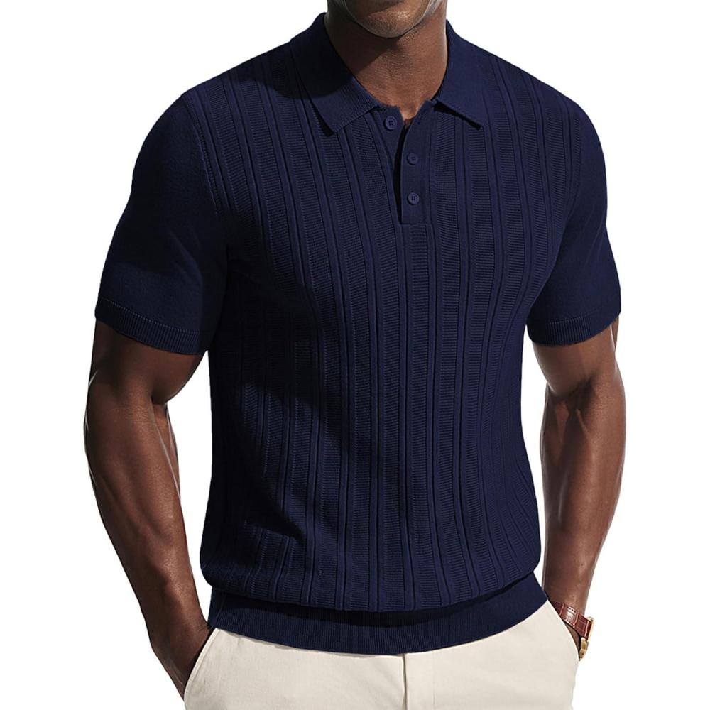 imagePJ APUL Jones Mens Knit Polo Shirts Short Sleeve Stretch Texture Knitted Polo Shirts Casual Lightweight Golf ShirtDark Blue