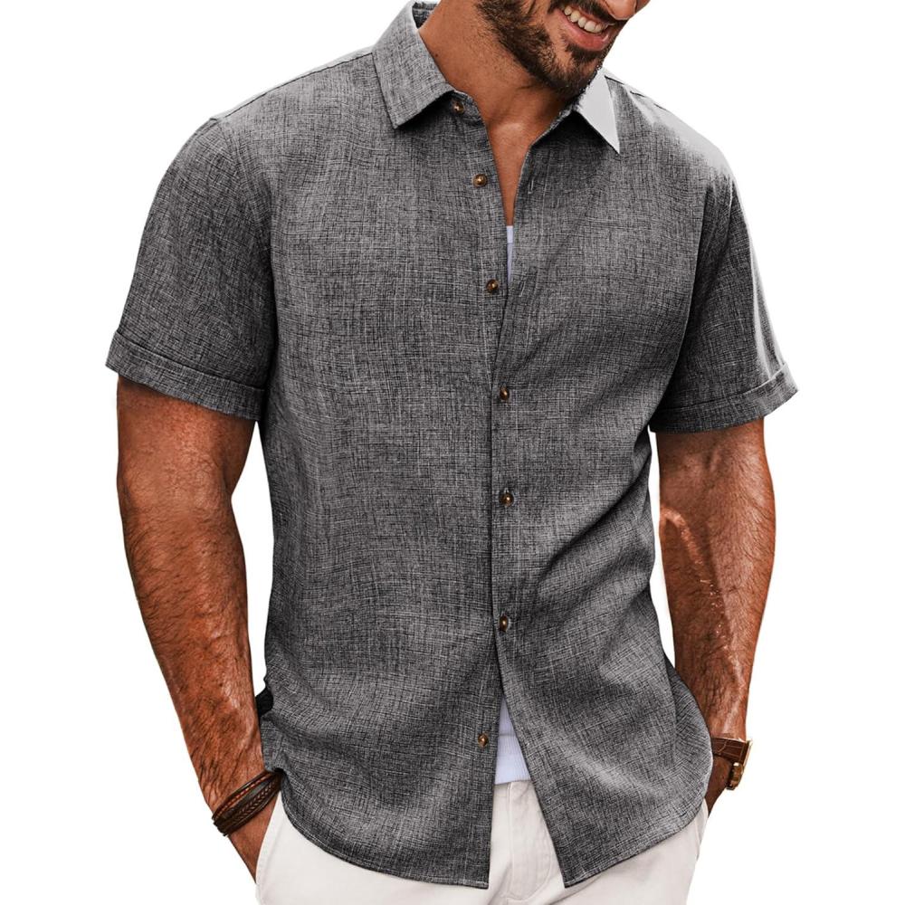 imagePJ Jones Mens Casual Shirts Short Sleeve Button Down Shirt Lightweight Summer ShirtsDark Gray