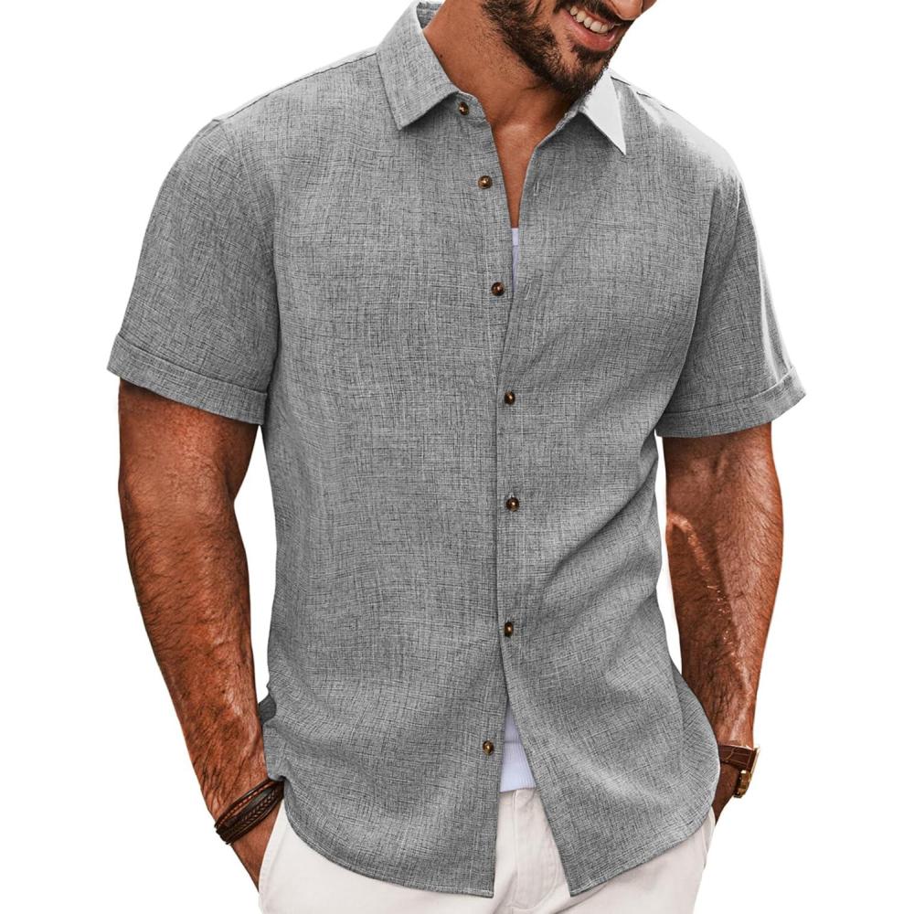 imagePJ Jones Mens Casual Shirts Short Sleeve Button Down Shirt Lightweight Summer ShirtsGray