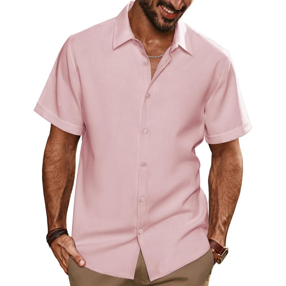 imagePJ Jones Mens Casual Shirts Short Sleeve Button Down Shirt Lightweight Summer ShirtsPink