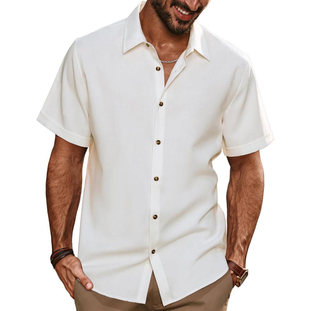 imagePJ Jones Mens Casual Shirts Short Sleeve Button Down Shirt Lightweight Summer ShirtsWhite