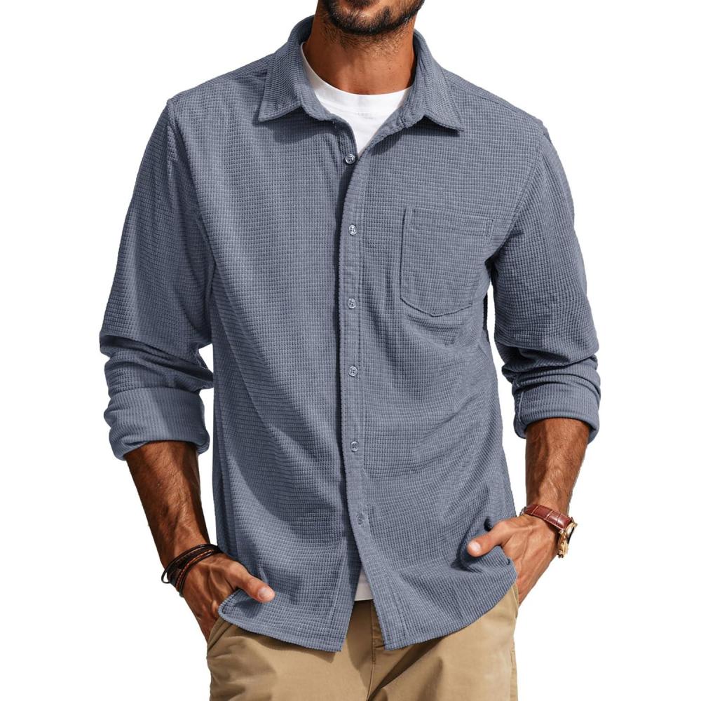 imagePJ PAUL JONES Mens Button Down Shirt Texture Wrinkle Free Shirts Long Sleeve Waffle Untucked ShirtGray Blue