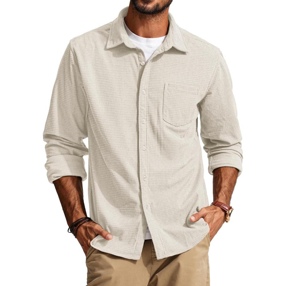 imagePJ PAUL JONES Mens Button Down Shirt Texture Wrinkle Free Shirts Long Sleeve Waffle Untucked ShirtWhite