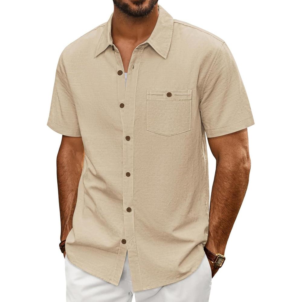 imagePJ PAUL JONES Mens Button Up Shirts Short Sleeve Untucked Shirts with Pocket for Summer Beach VacationApricot