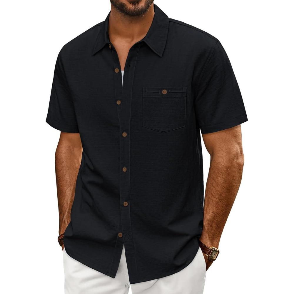 imagePJ PAUL JONES Mens Button Up Shirts Short Sleeve Untucked Shirts with Pocket for Summer Beach VacationBlack