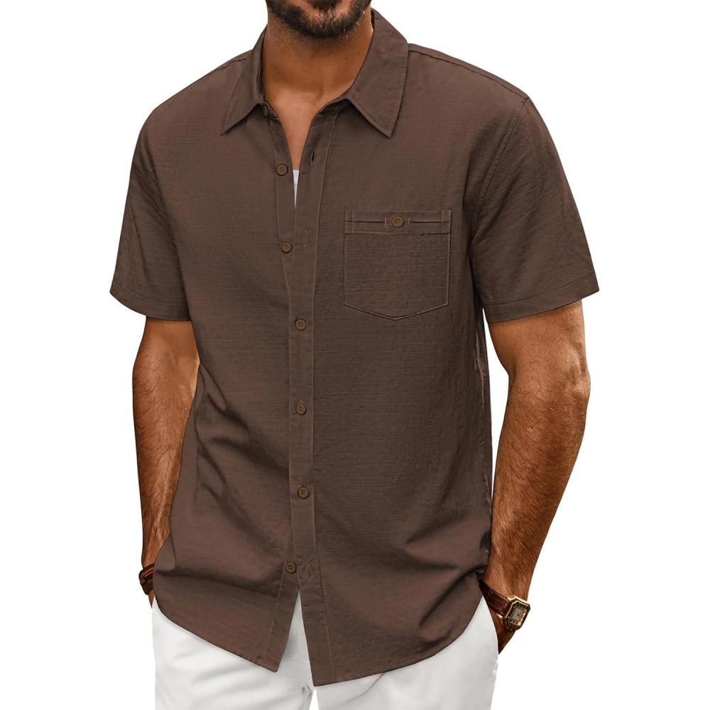 imagePJ PAUL JONES Mens Button Up Shirts Short Sleeve Untucked Shirts with Pocket for Summer Beach VacationBrown