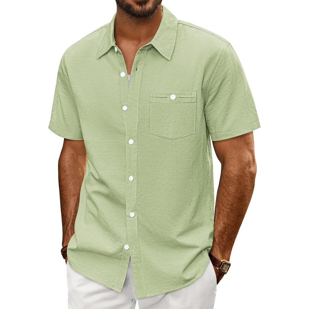 imagePJ PAUL JONES Mens Button Up Shirts Short Sleeve Untucked Shirts with Pocket for Summer Beach VacationLight Green