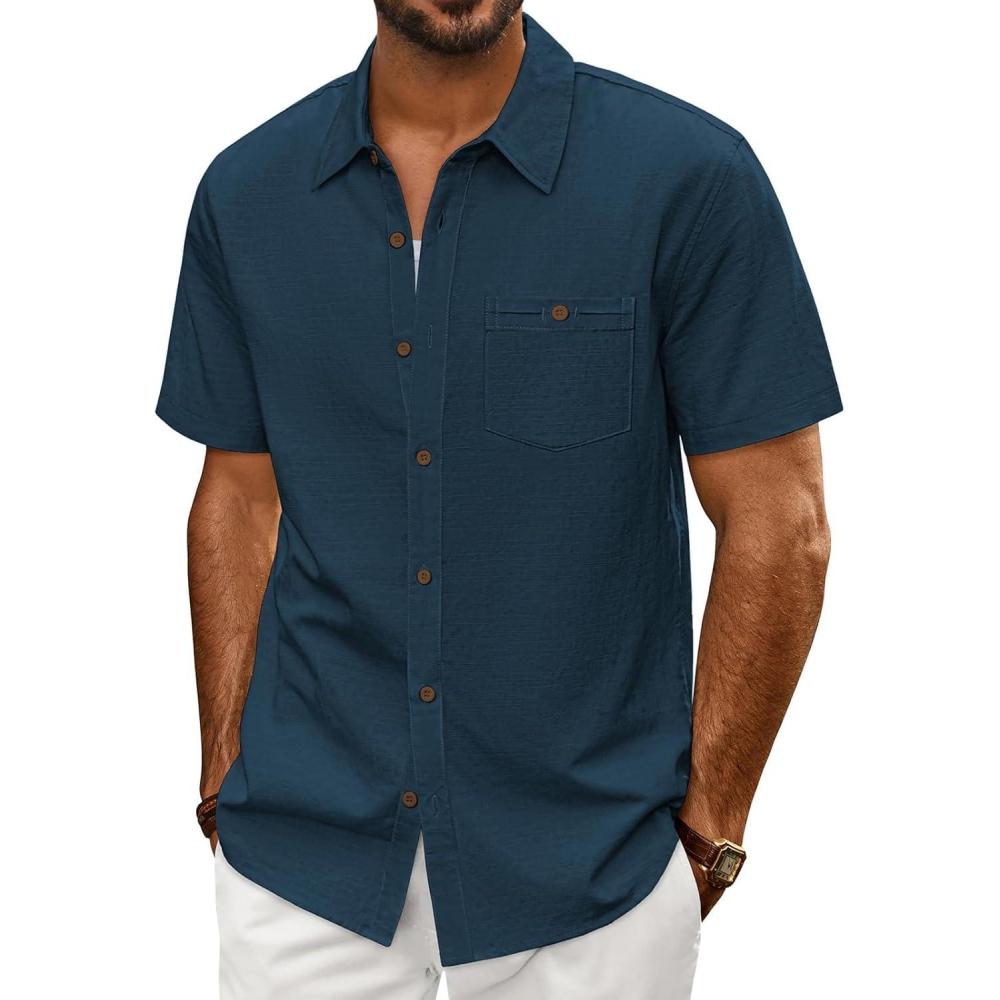imagePJ PAUL JONES Mens Button Up Shirts Short Sleeve Untucked Shirts with Pocket for Summer Beach VacationNavy Blue