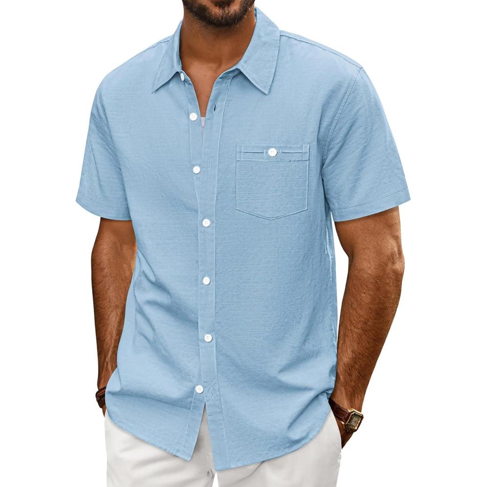 imagePJ PAUL JONES Mens Button Up Shirts Short Sleeve Untucked Shirts with Pocket for Summer Beach VacationSky Blue