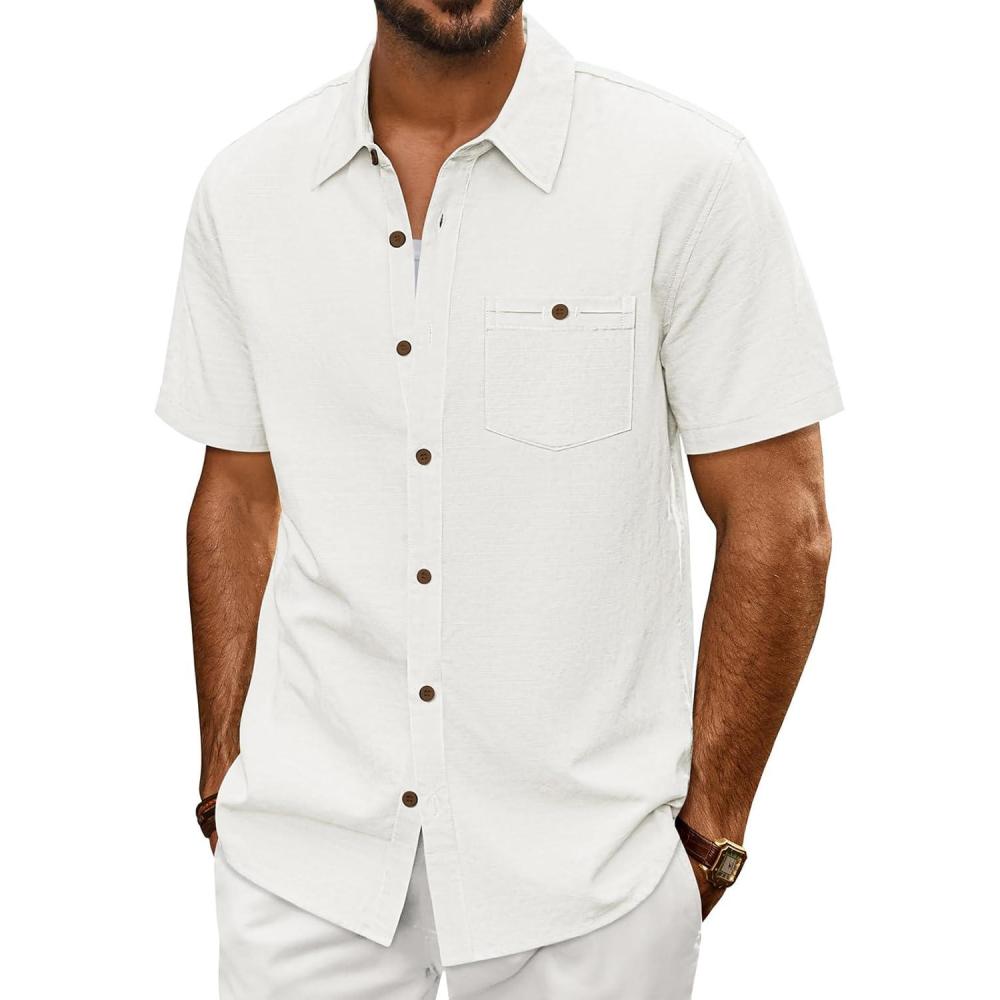 imagePJ PAUL JONES Mens Button Up Shirts Short Sleeve Untucked Shirts with Pocket for Summer Beach VacationWhite