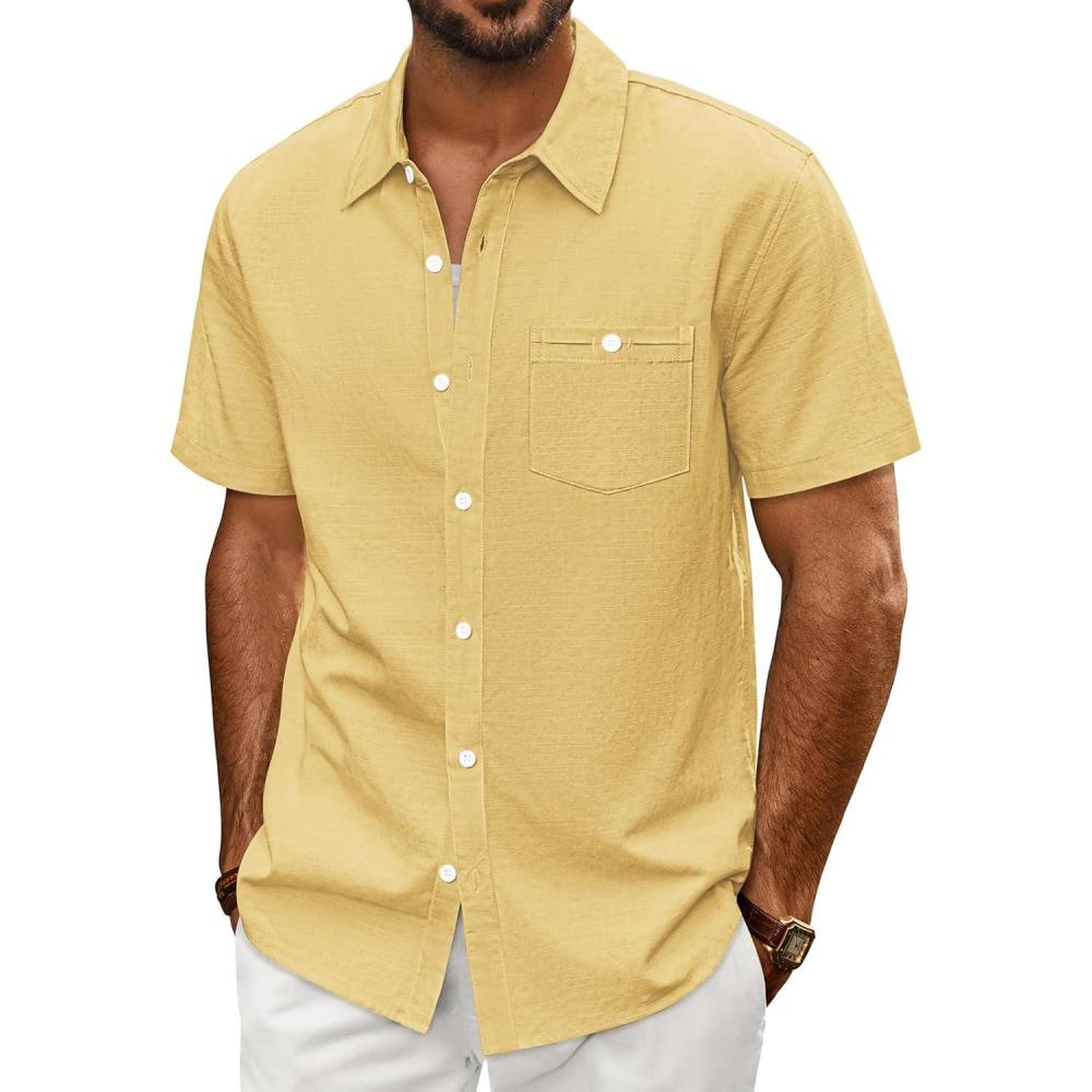 imagePJ PAUL JONES Mens Button Up Shirts Short Sleeve Untucked Shirts with Pocket for Summer Beach VacationYellow