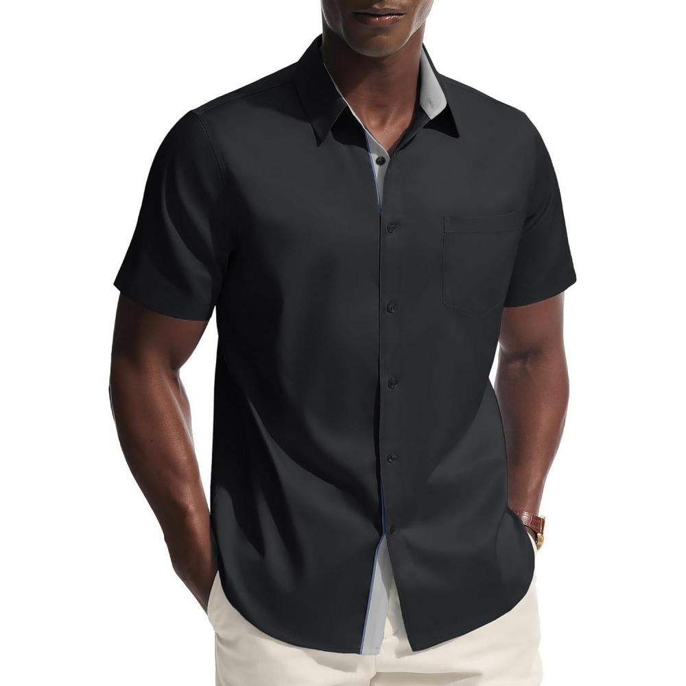 imagePJ PAUL JONES Mens Dress Shirt Short Sleeve Button Down Shirts WrinkleFree Business Casual Shirts with PocketBlack