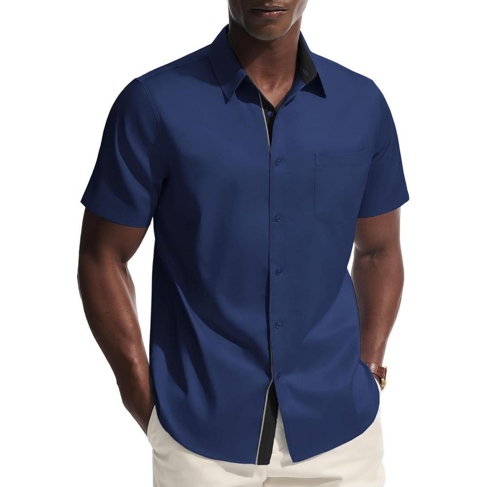 imagePJ PAUL JONES Mens Dress Shirt Short Sleeve Button Down Shirts WrinkleFree Business Casual Shirts with PocketNavy Blue