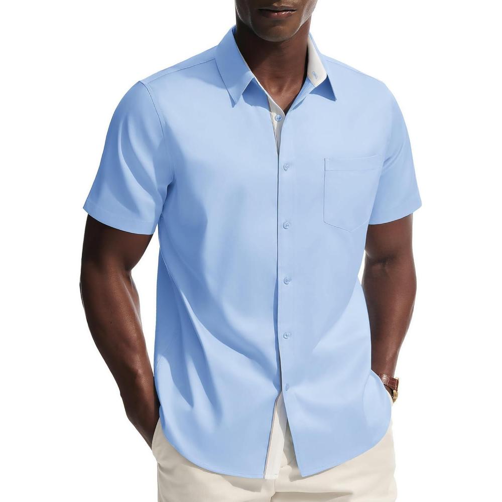 imagePJ PAUL JONES Mens Dress Shirt Short Sleeve Button Down Shirts WrinkleFree Business Casual Shirts with PocketSky Blue