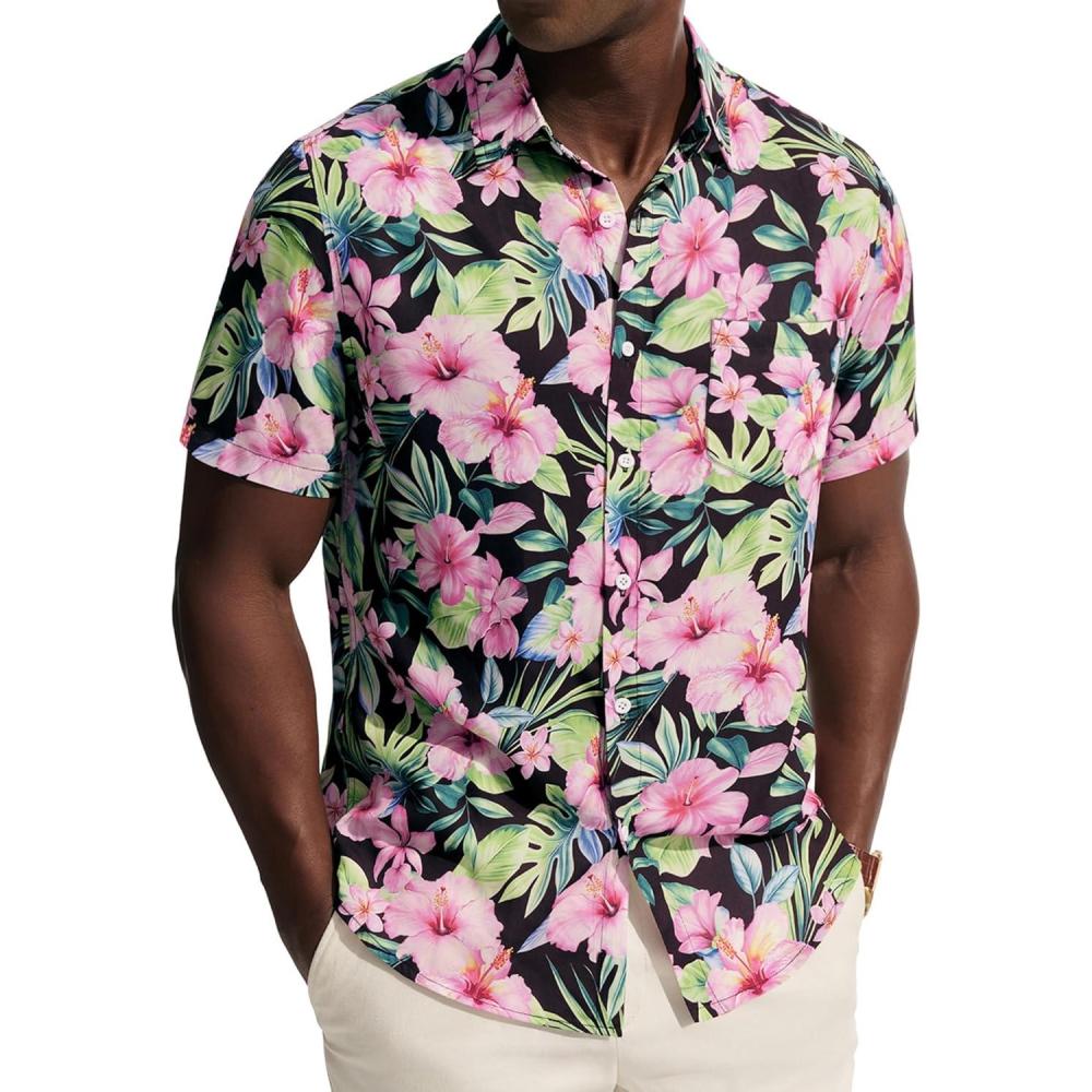 imagePJ PAUL JONES Mens Hawaiian Shirt Short Sleeve Button Down Shirts Tropical Floral Summer Beach Vacation Shirts Regular FitBlack Pink Flower