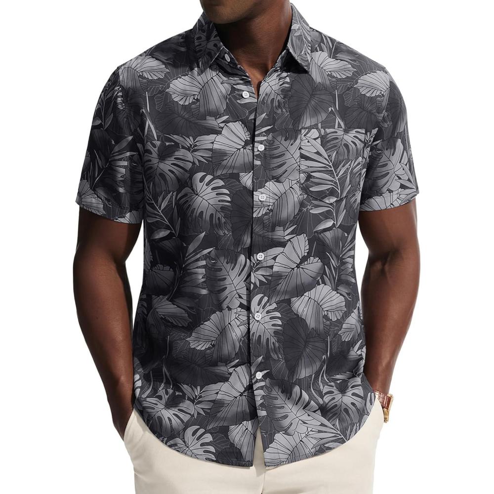 imagePJ PAUL JONES Mens Hawaiian Shirt Short Sleeve Button Down Shirts Tropical Floral Summer Beach Vacation Shirts Regular FitBlack  Plam Leaf
