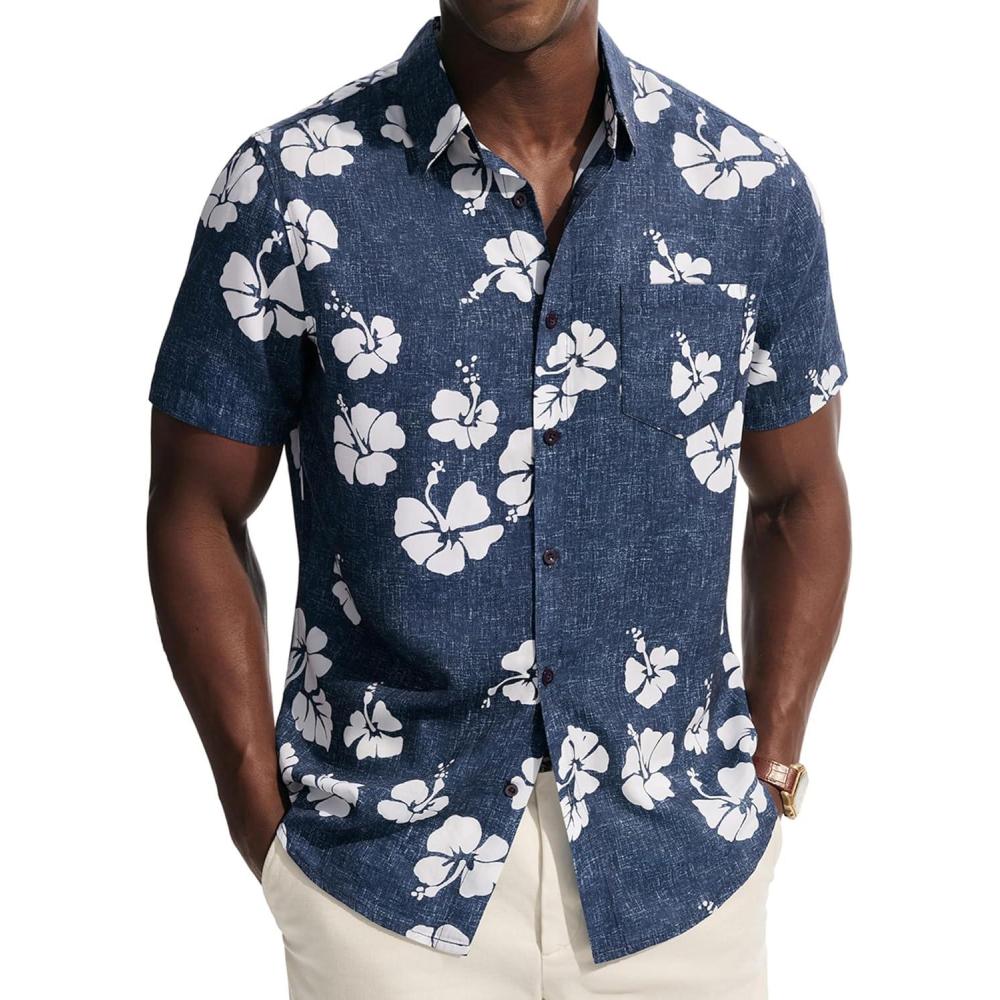 imagePJ PAUL JONES Mens Hawaiian Shirt Short Sleeve Button Down Shirts Tropical Floral Summer Beach Vacation Shirts Regular FitNavy Blue White Flower