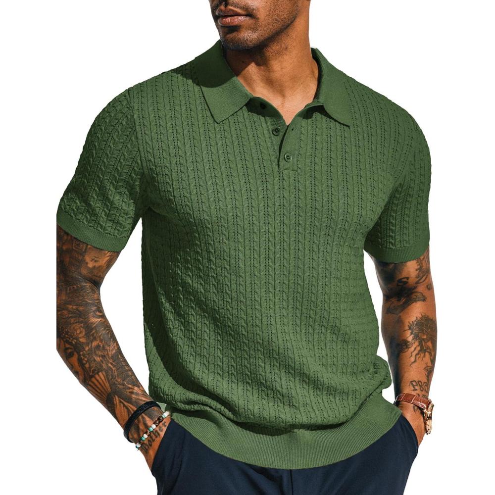 imagePJ PAUL JONES Mens Knit Polo Shirt Short Sleeve Hollow Out Knit Shirt Texture Knitted PoloArmy Green