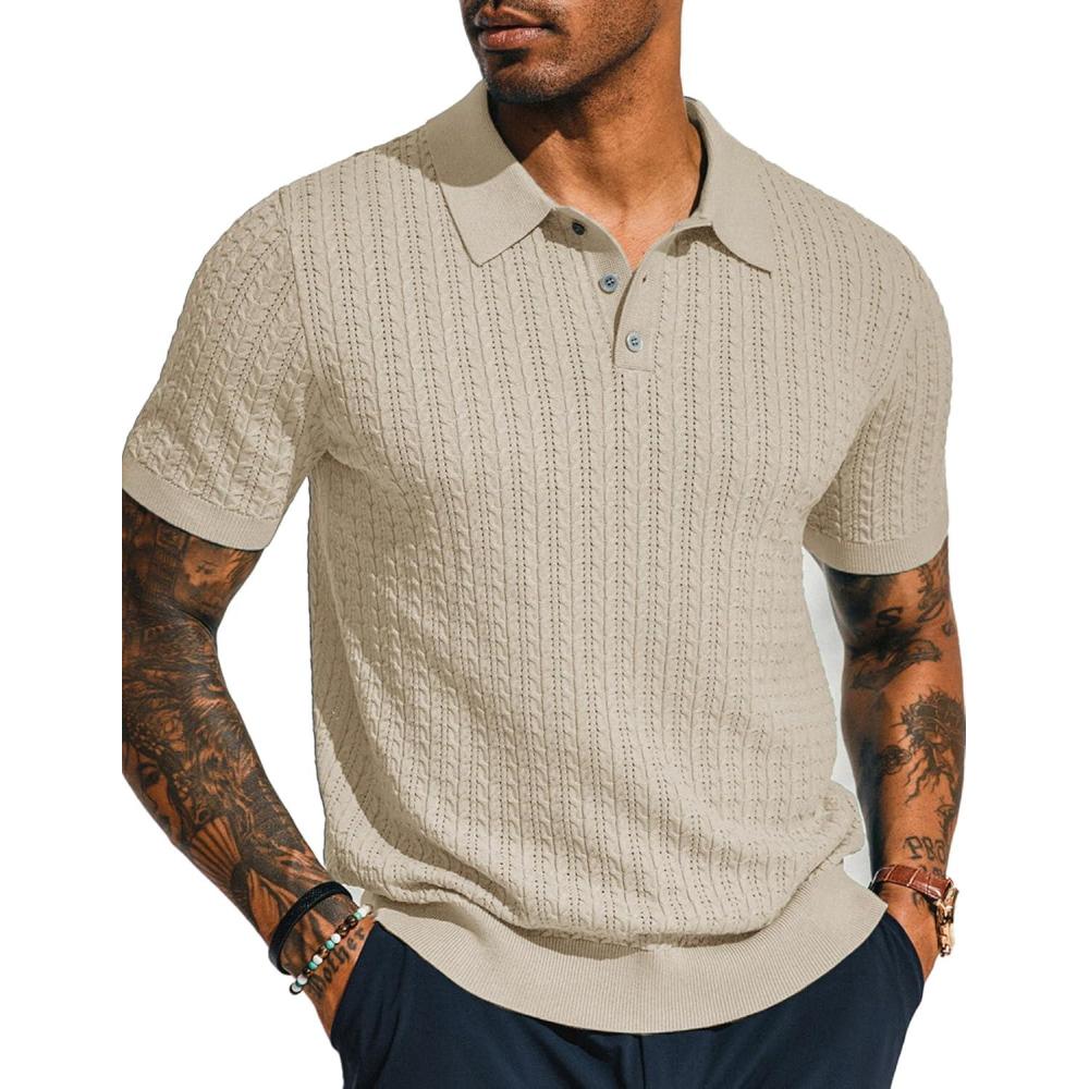 imagePJ PAUL JONES Mens Knit Polo Shirt Short Sleeve Hollow Out Knit Shirt Texture Knitted PoloBeige