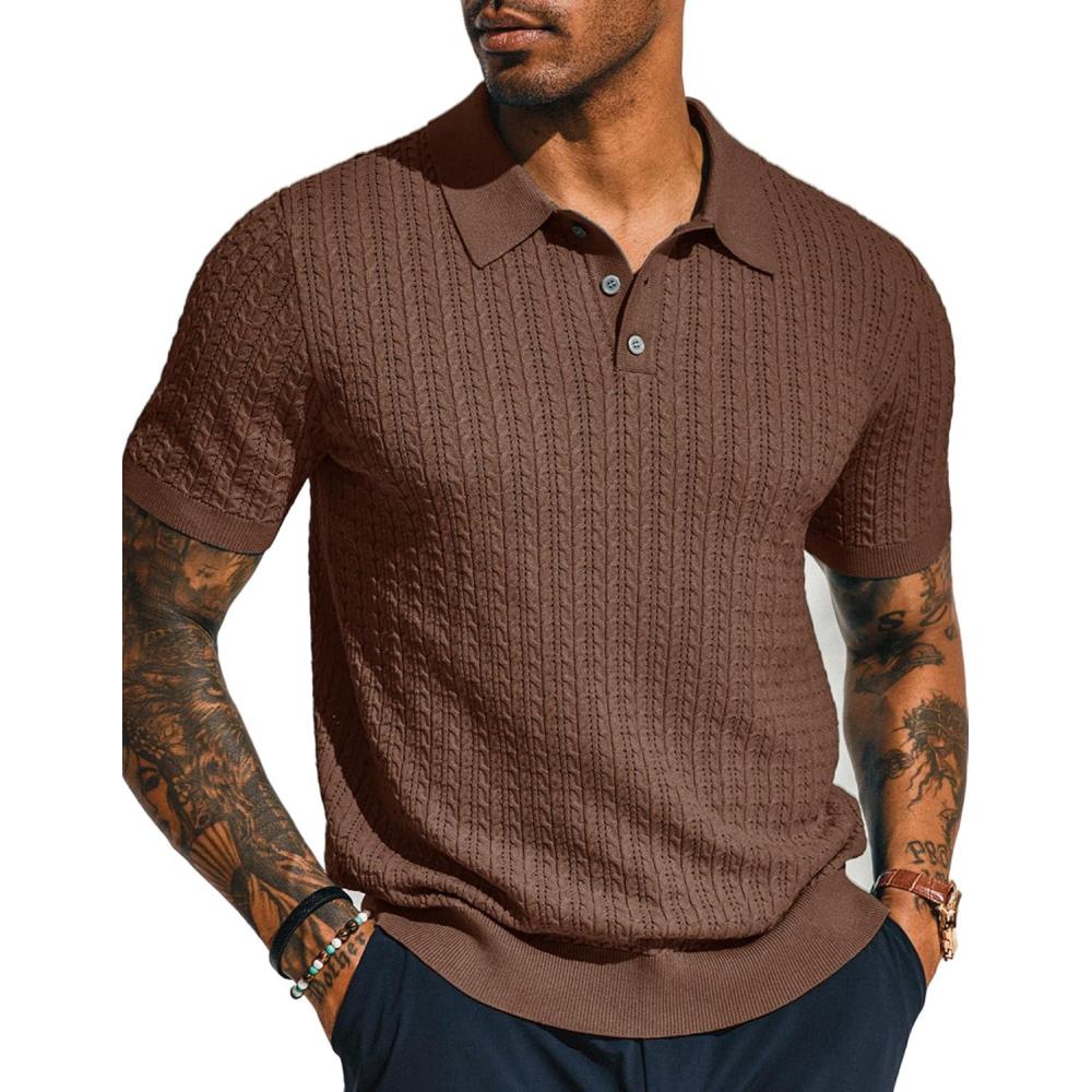 imagePJ PAUL JONES Mens Knit Polo Shirt Short Sleeve Hollow Out Knit Shirt Texture Knitted PoloCoffee