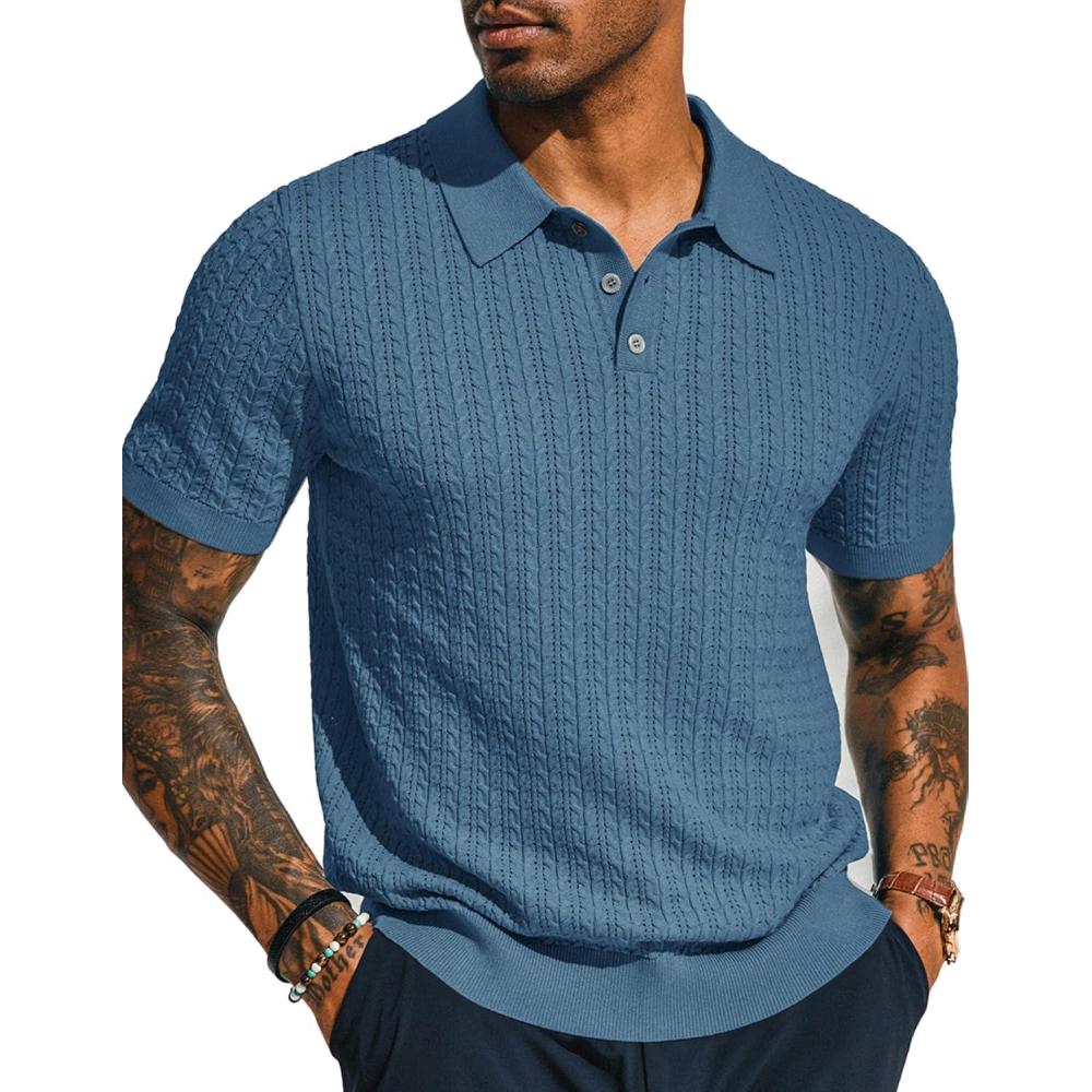 imagePJ PAUL JONES Mens Knit Polo Shirt Short Sleeve Hollow Out Knit Shirt Texture Knitted PoloDark Blue