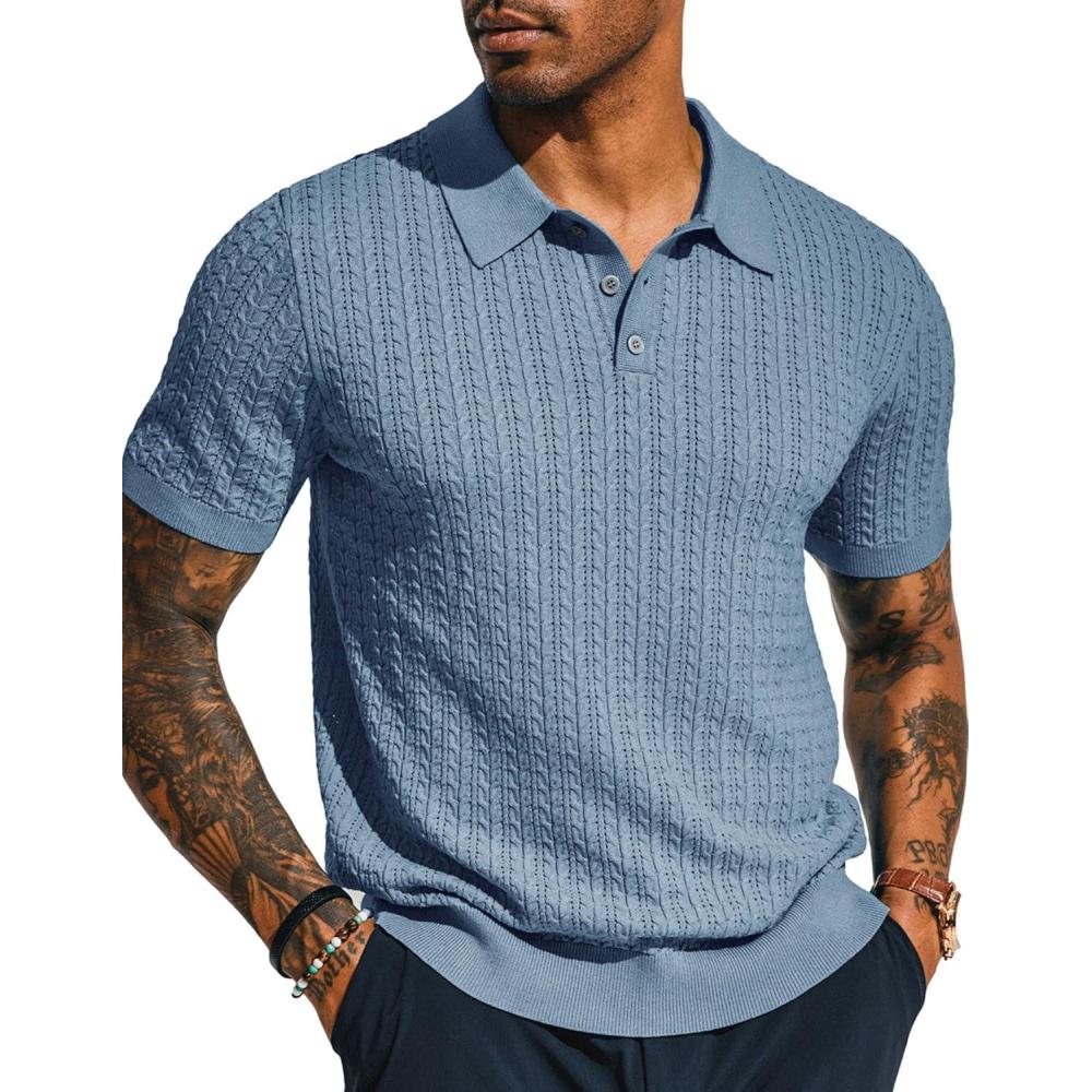 imagePJ PAUL JONES Mens Knit Polo Shirt Short Sleeve Hollow Out Knit Shirt Texture Knitted PoloGray Blue