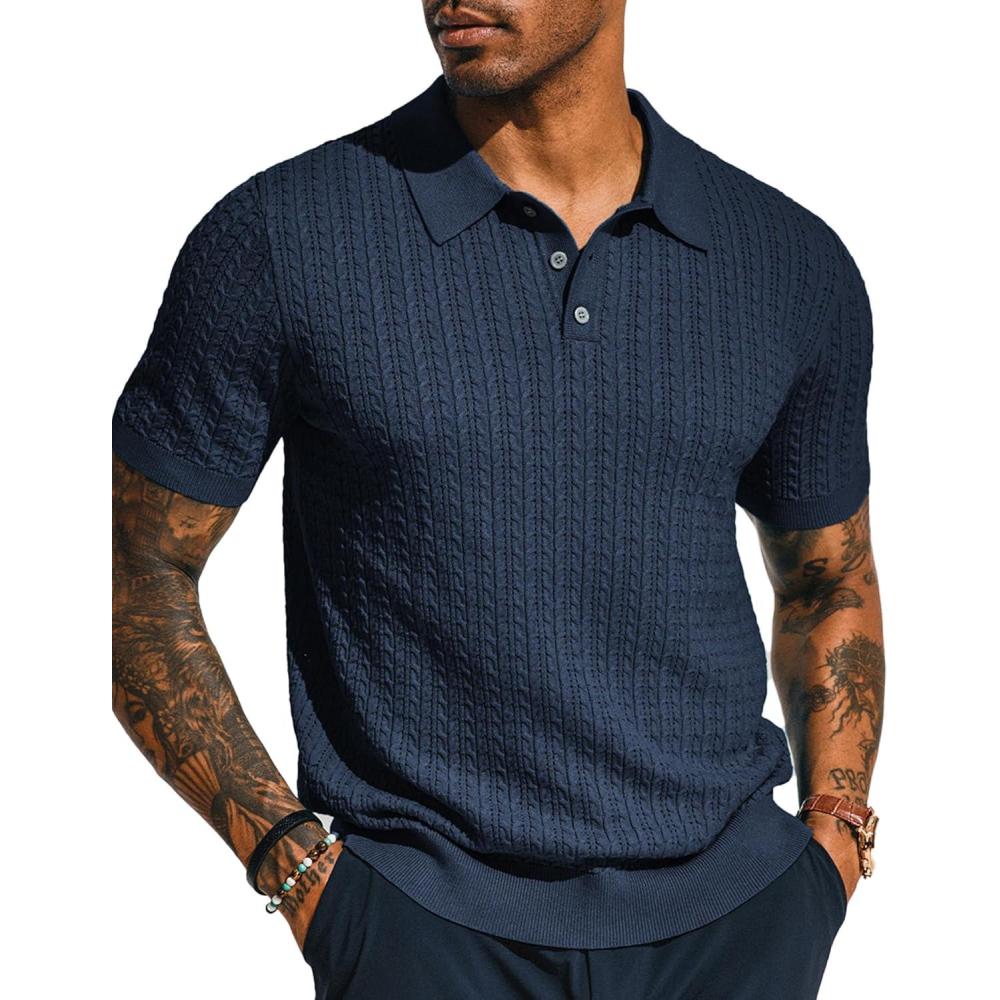 imagePJ PAUL JONES Mens Knit Polo Shirt Short Sleeve Hollow Out Knit Shirt Texture Knitted PoloNavy Blue