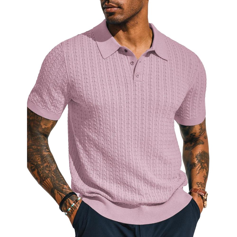 imagePJ PAUL JONES Mens Knit Polo Shirt Short Sleeve Hollow Out Knit Shirt Texture Knitted PoloPink