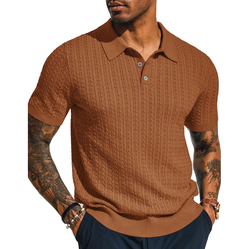 imagePJ PAUL JONES Mens Knit Polo Shirt Short Sleeve Hollow Out Knit Shirt Texture Knitted PoloRedbrown