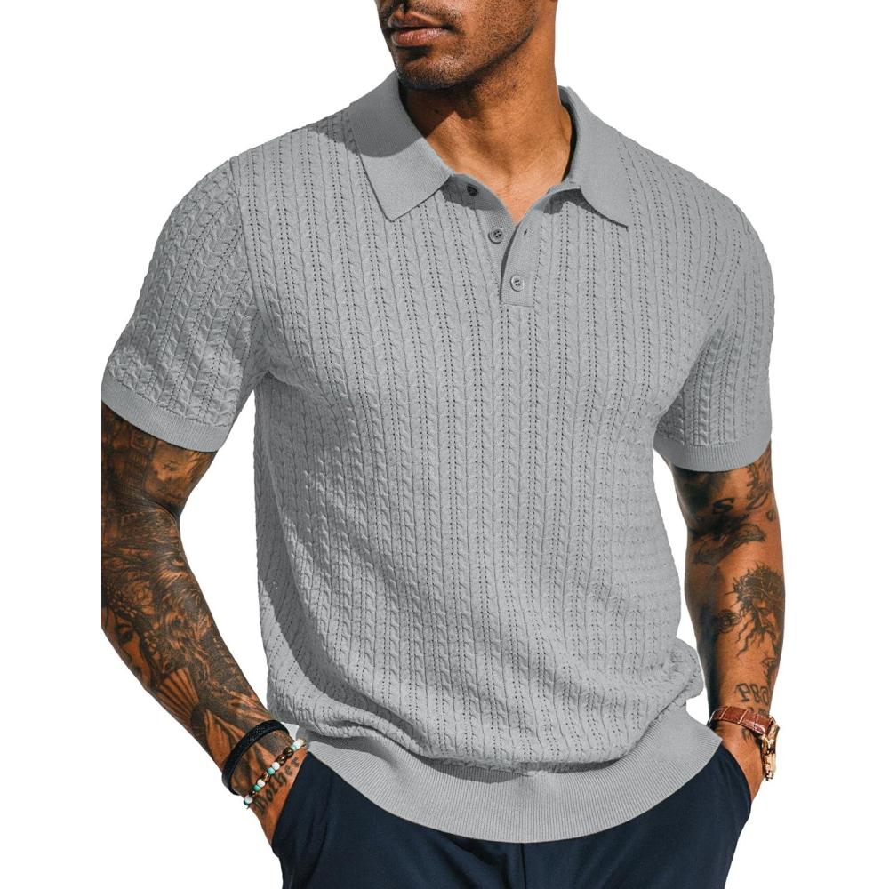 imagePJ PAUL JONES Mens Knit Polo Shirt Short Sleeve Hollow Out Knit Shirt Texture Knitted PoloSilver Grey