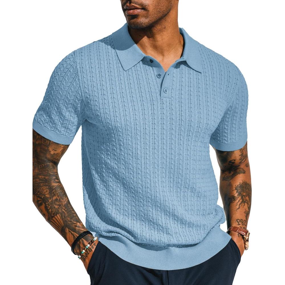 imagePJ PAUL JONES Mens Knit Polo Shirt Short Sleeve Hollow Out Knit Shirt Texture Knitted PoloSky Blue