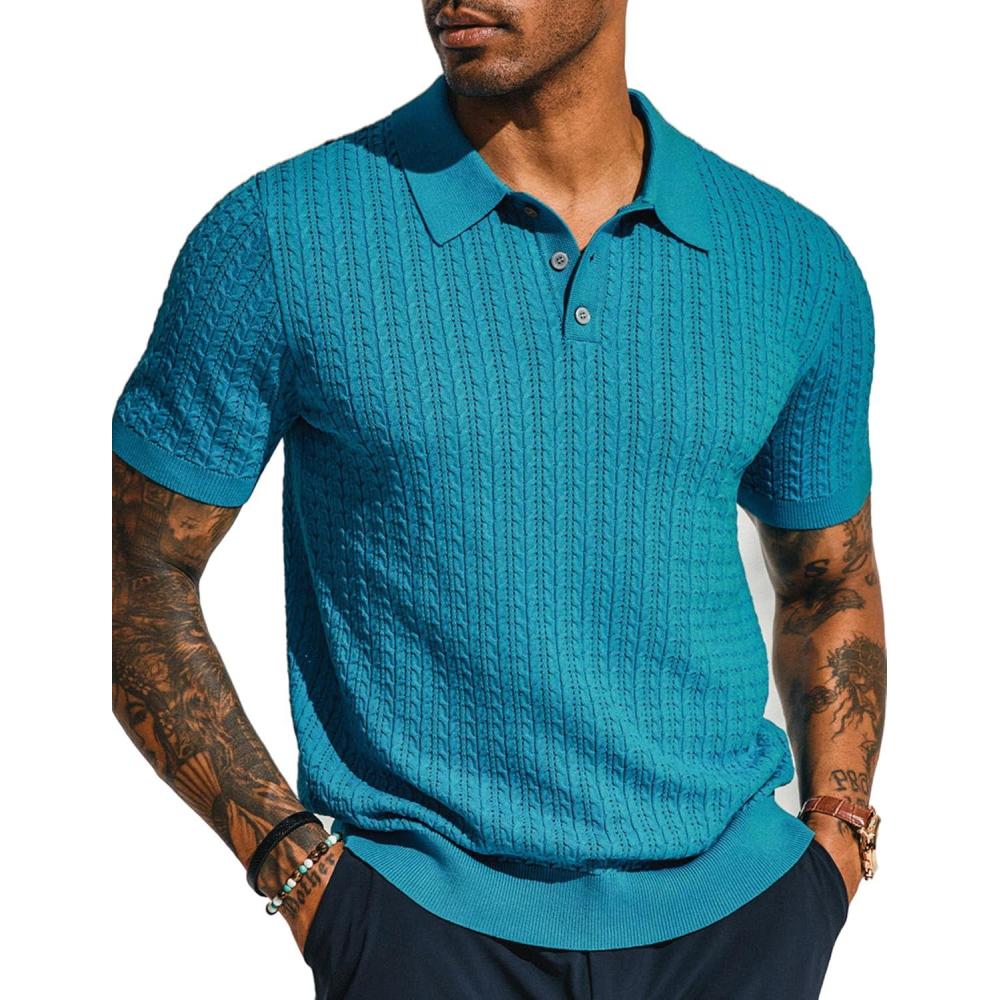imagePJ PAUL JONES Mens Knit Polo Shirt Short Sleeve Hollow Out Knit Shirt Texture Knitted PoloTurquoise