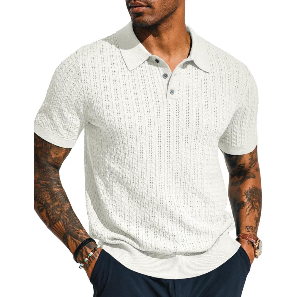 imagePJ PAUL JONES Mens Knit Polo Shirt Short Sleeve Hollow Out Knit Shirt Texture Knitted PoloWhite