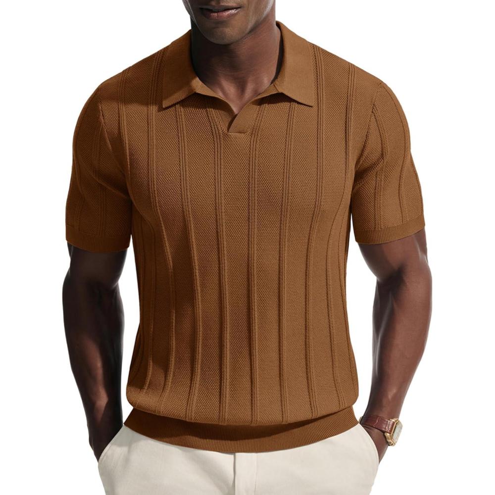 imagePJ PAUL JONES Mens Knit Polo Shirts V Neck Short Sleeve Casual Stylish Golf ShirtBrown